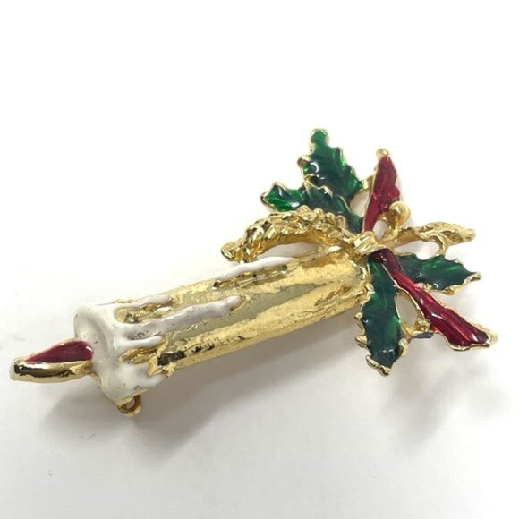 Vintage Gold Candle Brooch with Holly Leaves & Red Berries Christmas Holiday Pin - Picture 4 of 7